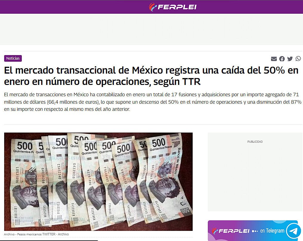 El mercado transaccional de Mxico registra una cada del 50% en enero en nmero de operaciones, segn TTR